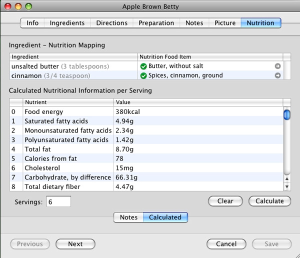 MacGourmet Screenshot showing the nutrition database