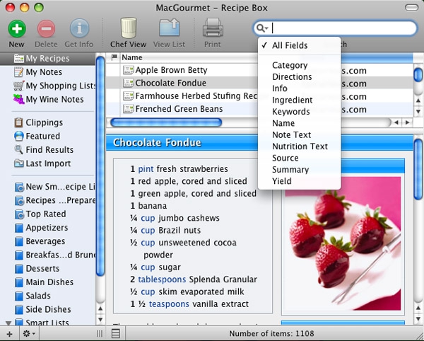 Screenshot of MacGourmet showing search features