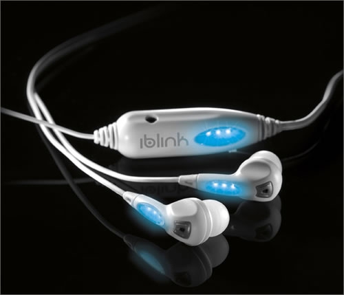 White earbuds with Blue lights